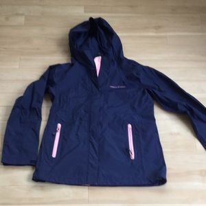 Vineyard Vines navy raincoat with pink detailing.